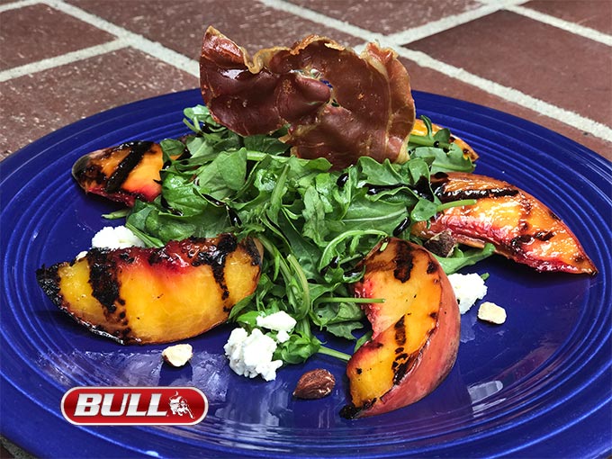 Grilled Peach Salad with Crispy Prosciutto, Feta Cheese and Baby Rocket